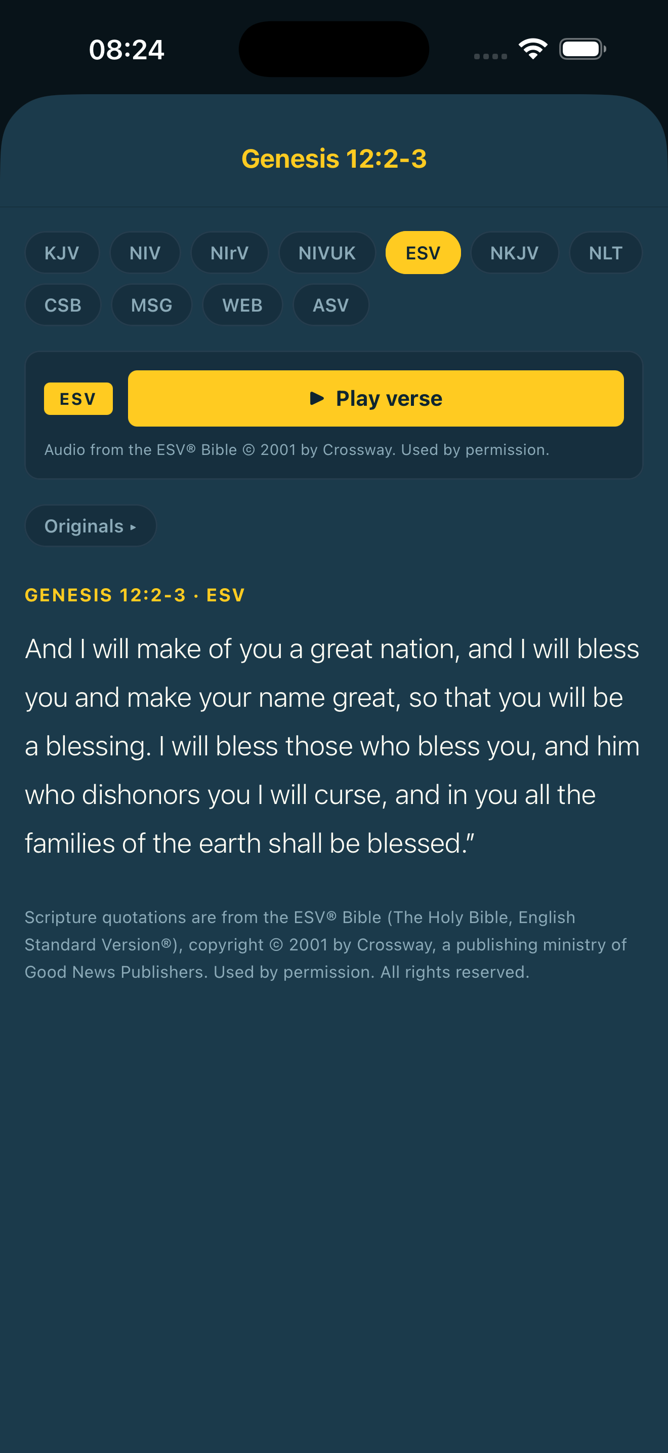 iOS ESV verse view with audio playback controls