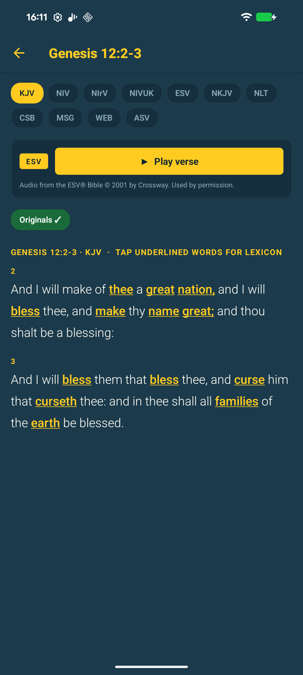 Originals mode active, displaying Hebrew lexicon entries with Strong's numbers