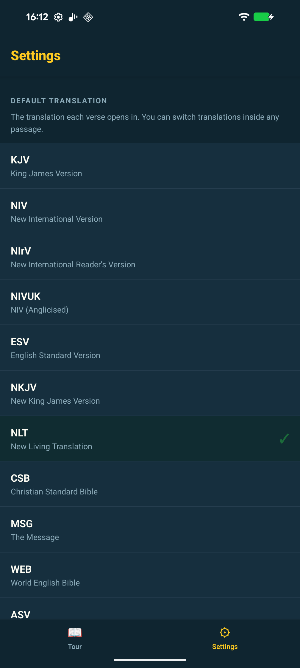 The settings screen — translation, theme, and audio preferences